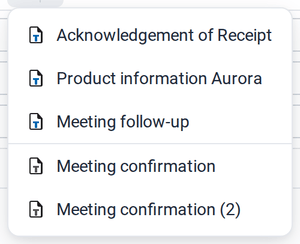 The Insert Template menu with the system templates Acknowledgement of Receipt, Meeting follow-up and Product information Aurora and the user template Meeting confirmation