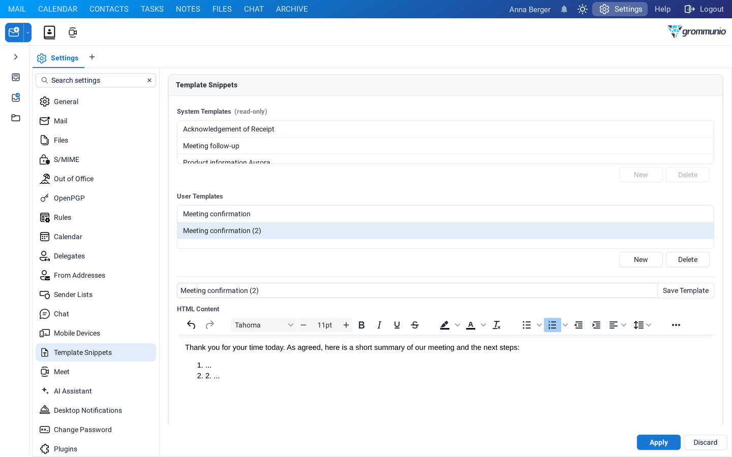 The Template Snippets settings with the system templates and the user template Meeting confirmation