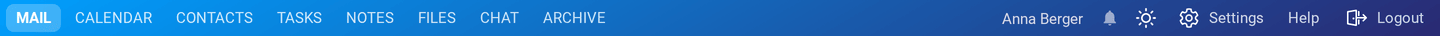 The top bar with the Mail, Calendar, Contacts, Tasks, Notes, Files, Chat and Archive tabs on the left and the user name, reminder bell, appearance switch, Settings, Help and Logout on the right
