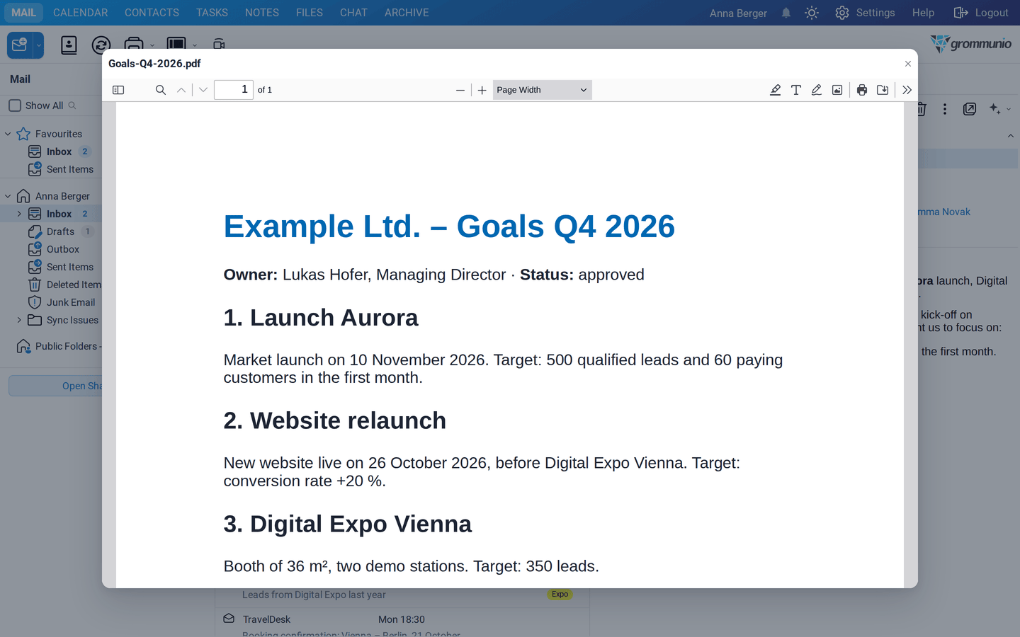 A PDF attachment opened in the document viewer with page navigation, zoom and the document outline