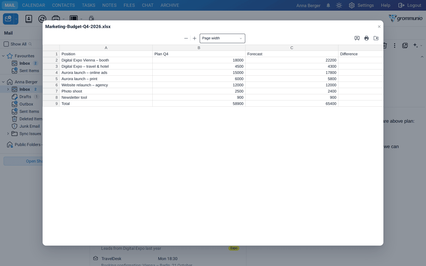 A spreadsheet attachment with the Q4 marketing budget opened in the document viewer