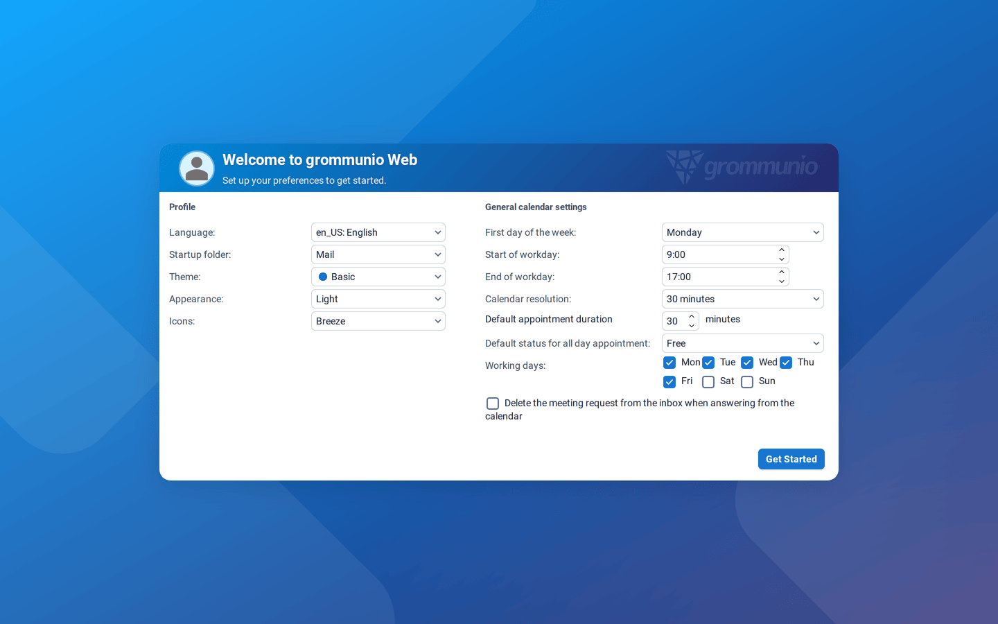 The Welcome to grommunio Web dialog with profile settings on the left and general calendar settings on the right