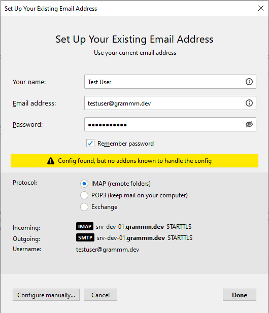 Thunderbird: Set Up your existing Email Address, detailed information automatically detected.