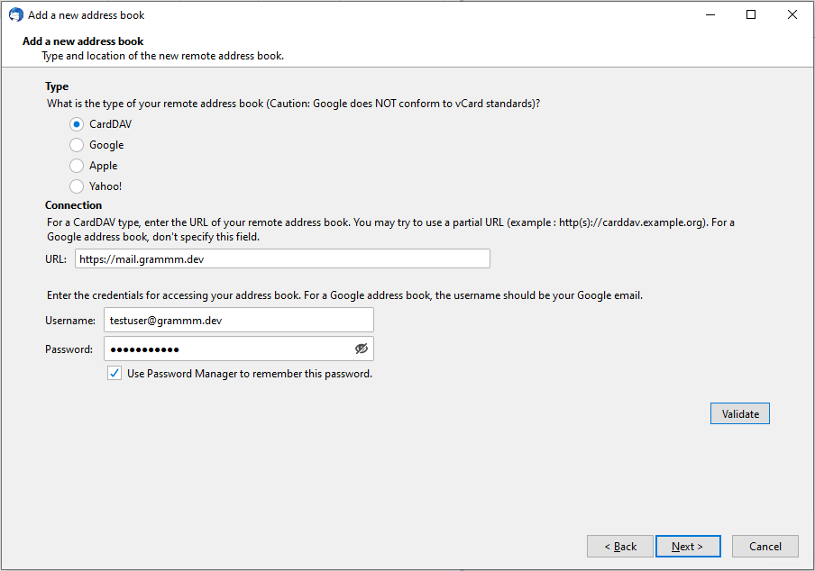 Thunderbird: Validation of remote address book configuration
