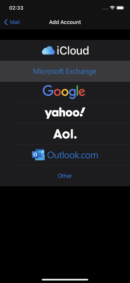 iOS: Select Microsoft Exchange