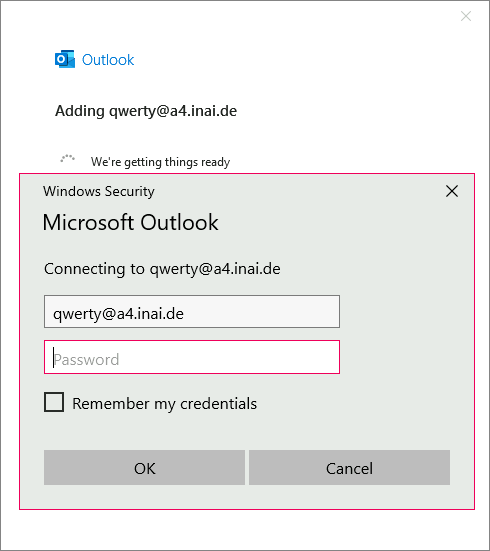 Outlook: Entry of credentials