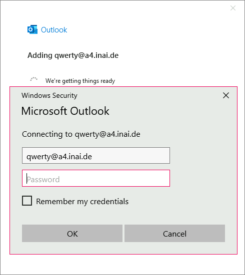 Outlook: Account setup in progress / Entry of credentials